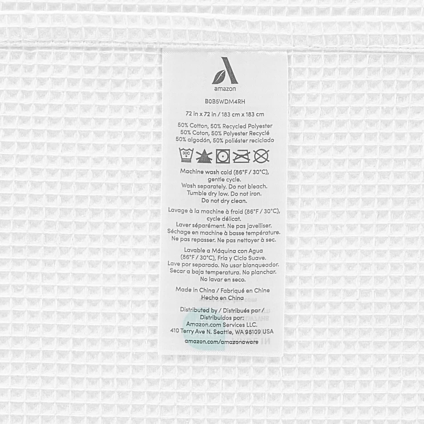 Waffle Weave Shower Curtain, 50% Recycled Poly/50% Bci Cotton, White, 72" x 72" - Image 3