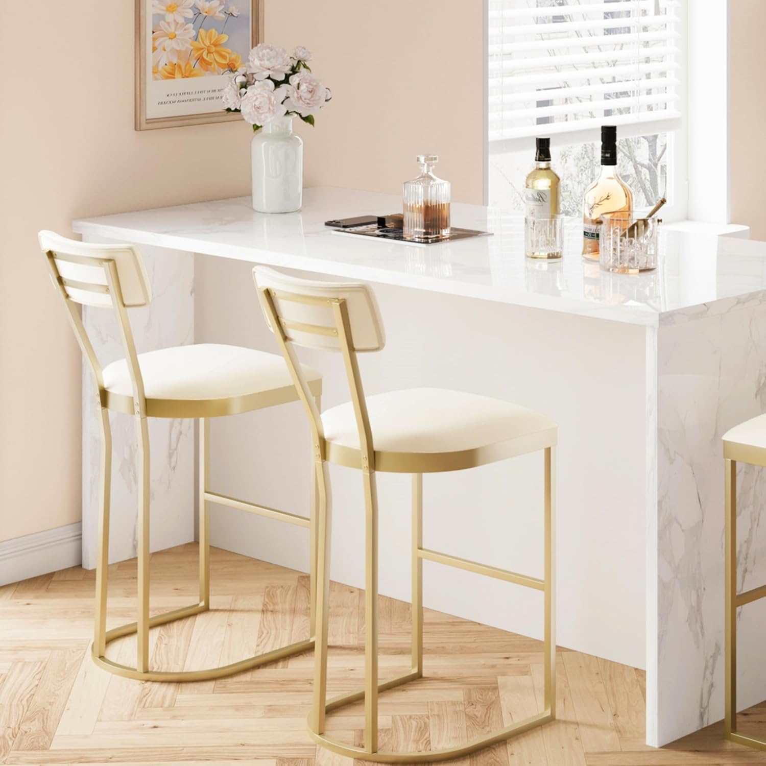 Bar Stools Set of 2 - High Back Counter Height Bar Stools with White Velvet Upholstery & Gold Metal Legs, Soft Padded Kitchen Island Stools, Bar Chairs for Home Bar, Whiskey Lounge (White & Gold)