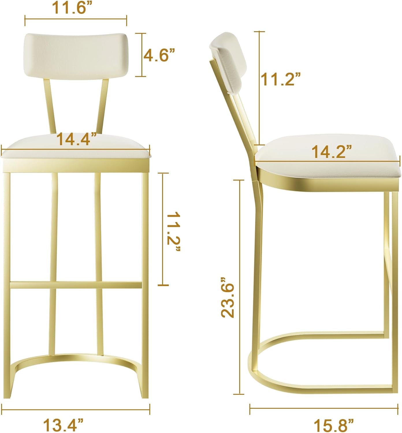 Bar Stools Set of 2 - High Back Counter Height Bar Stools with White Velvet Upholstery & Gold Metal Legs, Soft Padded Kitchen Island Stools, Bar Chairs for Home Bar, Whiskey Lounge (White & Gold) - Image 2