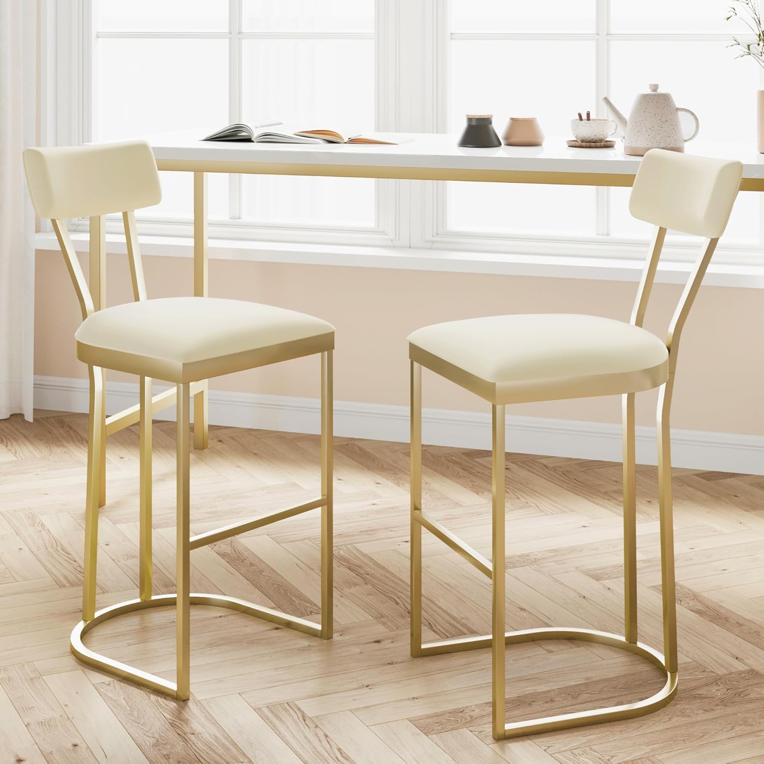 Bar Stools Set of 2 - High Back Counter Height Bar Stools with White Velvet Upholstery & Gold Metal Legs, Soft Padded Kitchen Island Stools, Bar Chairs for Home Bar, Whiskey Lounge (White & Gold) - Image 3