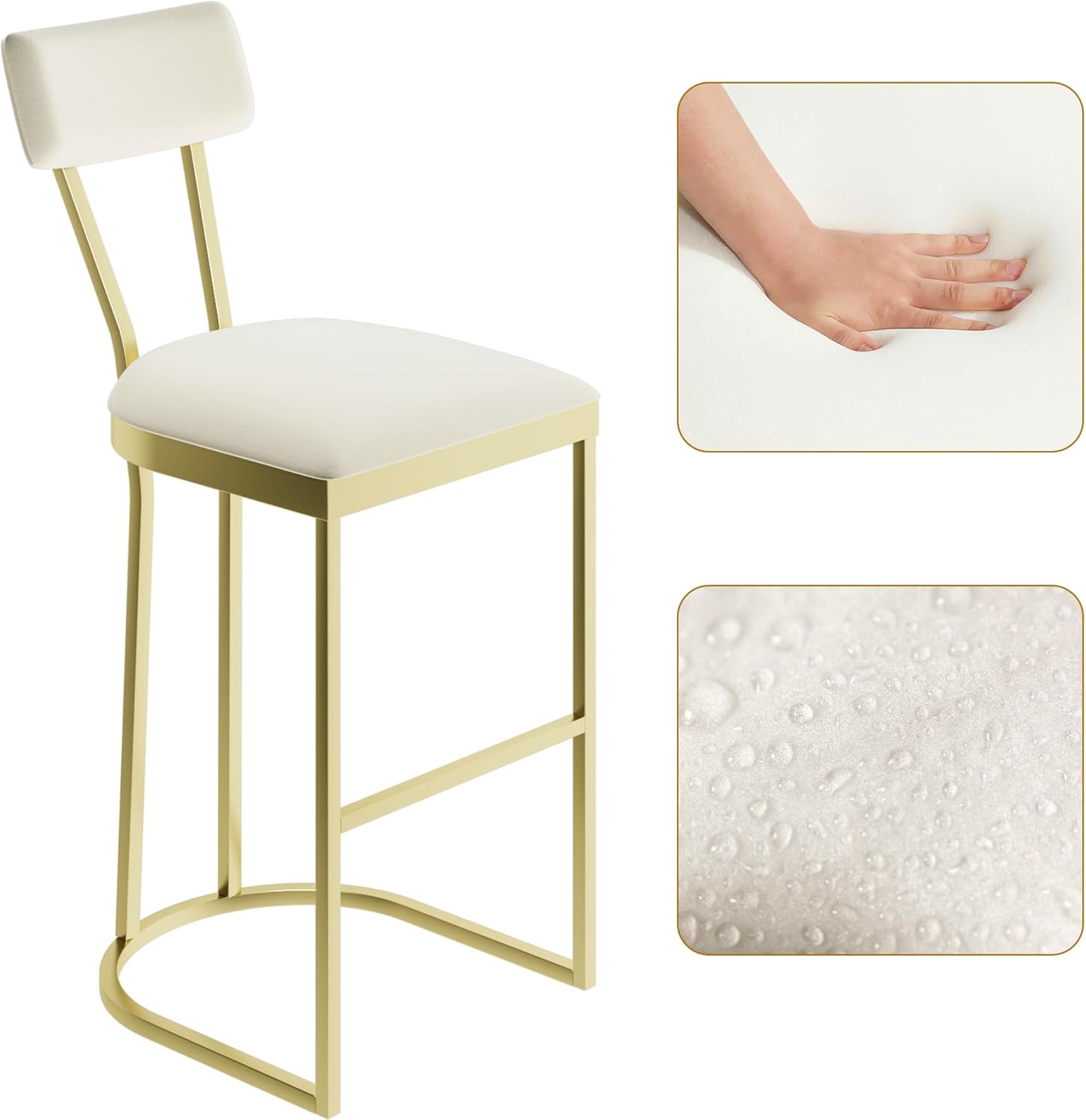 Bar Stools Set of 2 - High Back Counter Height Bar Stools with White Velvet Upholstery & Gold Metal Legs, Soft Padded Kitchen Island Stools, Bar Chairs for Home Bar, Whiskey Lounge (White & Gold) - Image 5