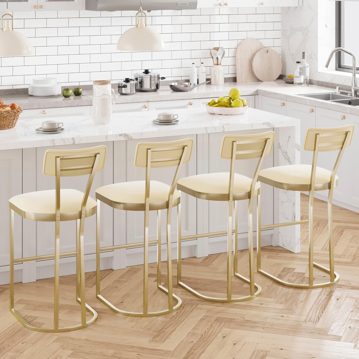 Bar Stools Set of 2 - High Back Counter Height Bar Stools with White Velvet Upholstery & Gold Metal Legs, Soft Padded Kitchen Island Stools, Bar Chairs for Home Bar, Whiskey Lounge (White & Gold) - Image 7