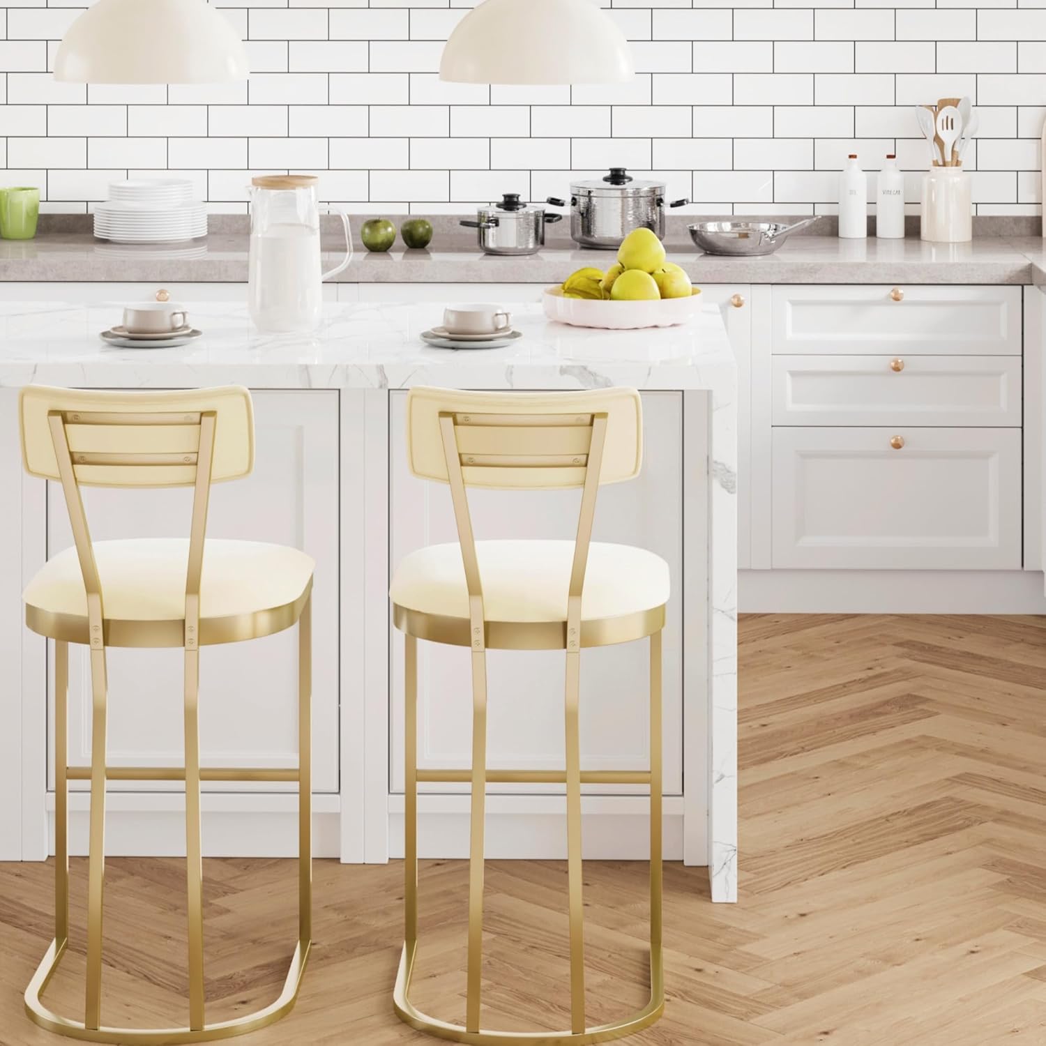 Bar Stools Set of 2 - High Back Counter Height Bar Stools with White Velvet Upholstery & Gold Metal Legs, Soft Padded Kitchen Island Stools, Bar Chairs for Home Bar, Whiskey Lounge (White & Gold) - Image 8