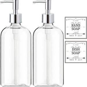 Clear Soap Dispenser with Rust Proof Pump, Waterproof Labels (2 Pack,16 Oz), Soap Dispenser Bathroom, Plastic Hand Soap Dispenser, Dish Soap Dispenser for Kitchen