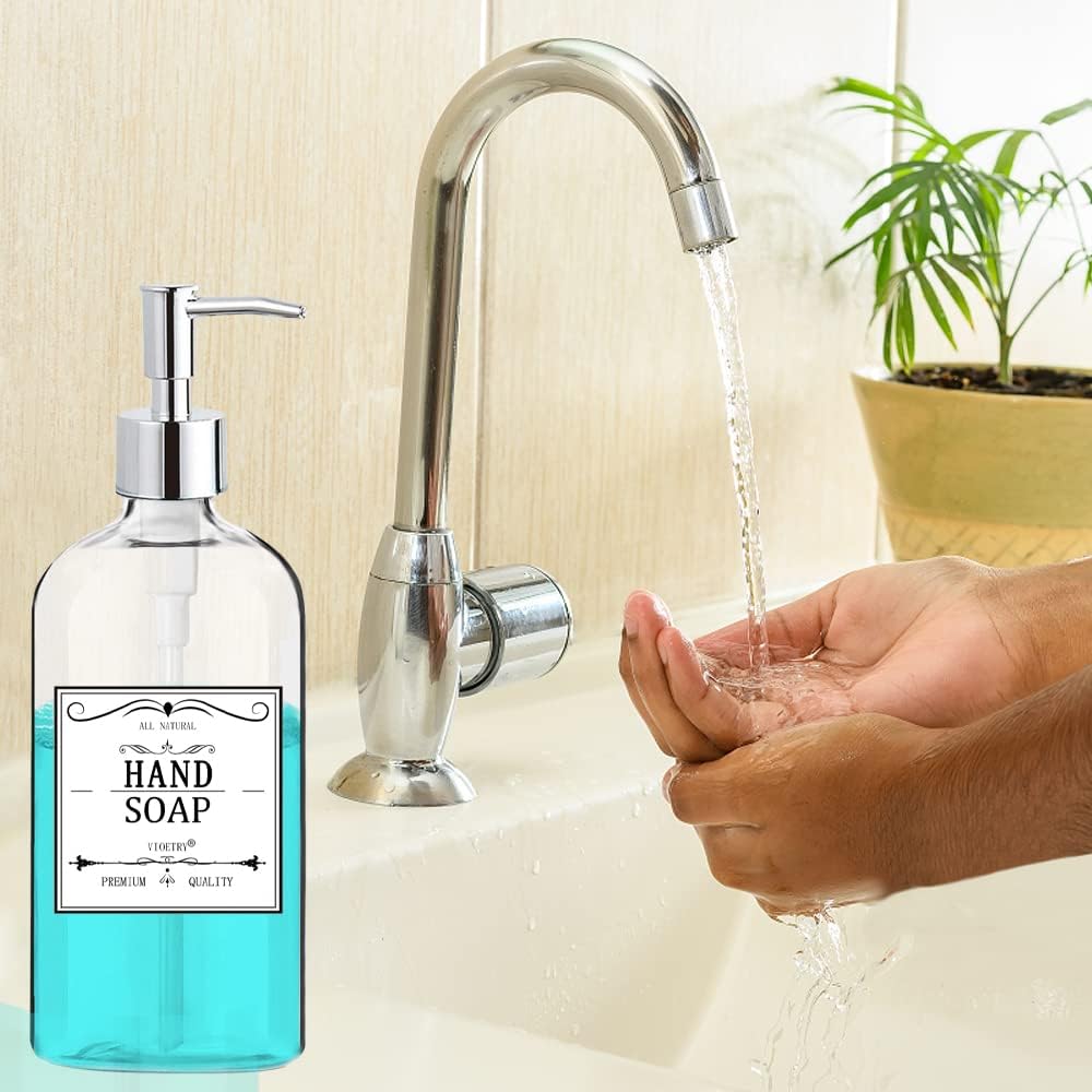 Clear Soap Dispenser with Rust Proof Pump, Waterproof Labels (2 Pack,16 Oz), Soap Dispenser Bathroom, Plastic Hand Soap Dispenser, Dish Soap Dispenser for Kitchen - Image 3