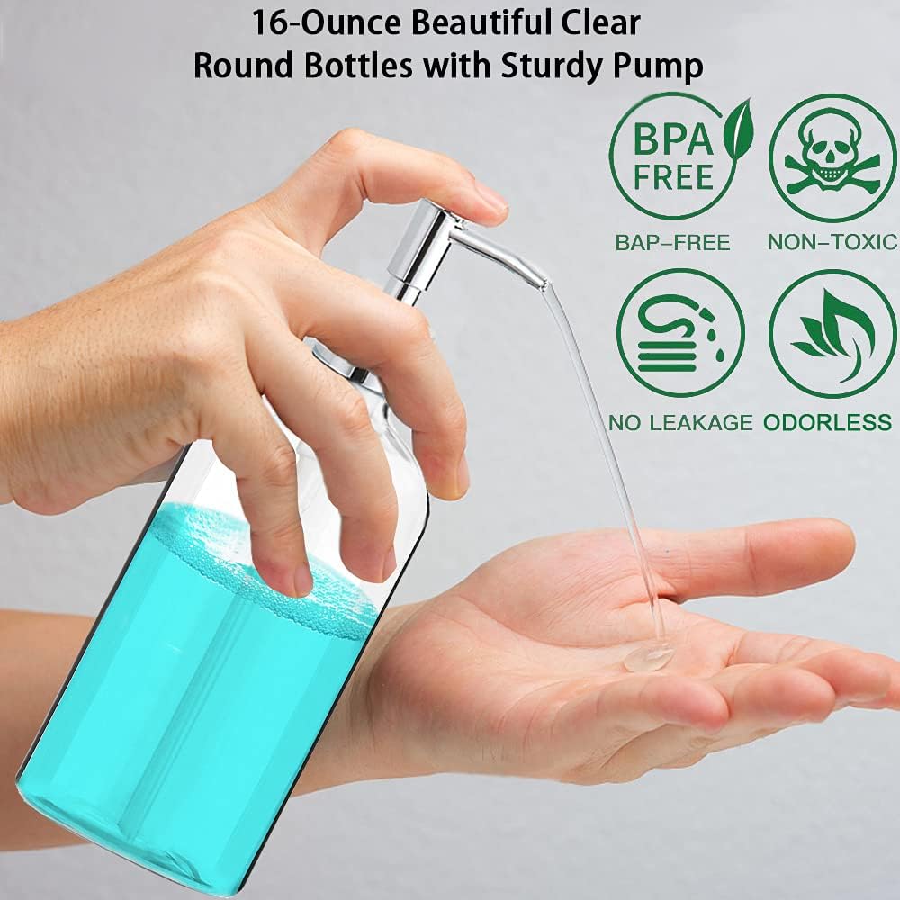 Clear Soap Dispenser with Rust Proof Pump, Waterproof Labels (2 Pack,16 Oz), Soap Dispenser Bathroom, Plastic Hand Soap Dispenser, Dish Soap Dispenser for Kitchen - Image 4
