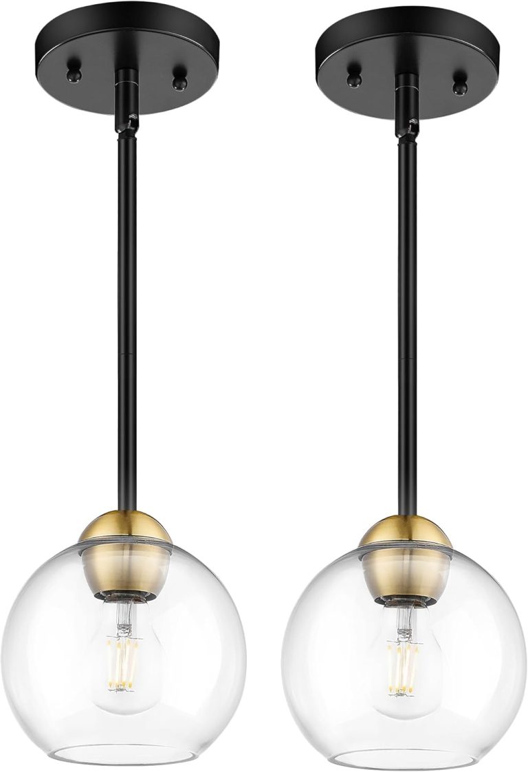 Emak 2 Pack Black and Gold Pendant Light Fixtures, Modern 7 Inch Globe Pendant Lights Kitchen Island with Clear Glass Shade, 1 Light Hanging Lights for Kitchen, Bedroom, Bathroom, PL119-BKBGD-2PK