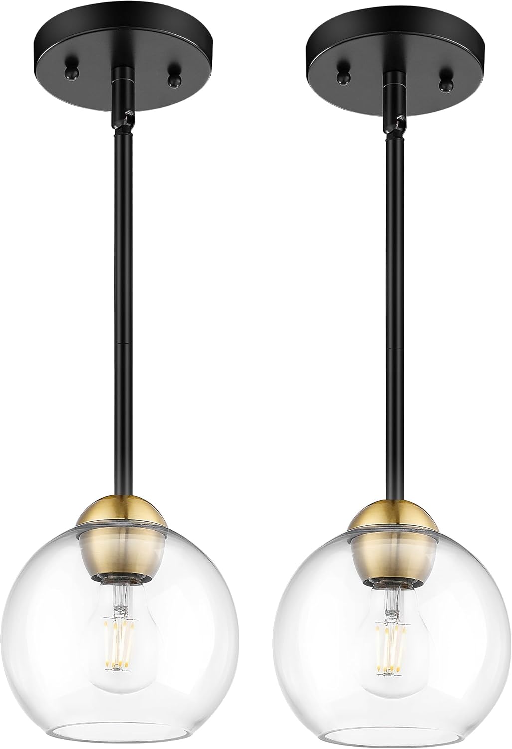 Emak 2 Pack Black and Gold Pendant Light Fixtures, Modern 7 Inch Globe Pendant Lights Kitchen Island with Clear Glass Shade, 1 Light Hanging Lights for Kitchen, Bedroom, Bathroom, PL119-BKBGD-2PK