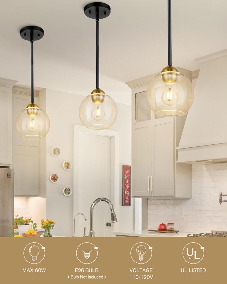Emak 2 Pack Black and Gold Pendant Light Fixtures, Modern 7 Inch Globe Pendant Lights Kitchen Island with Clear Glass Shade, 1 Light Hanging Lights for Kitchen, Bedroom, Bathroom, PL119-BKBGD-2PK
