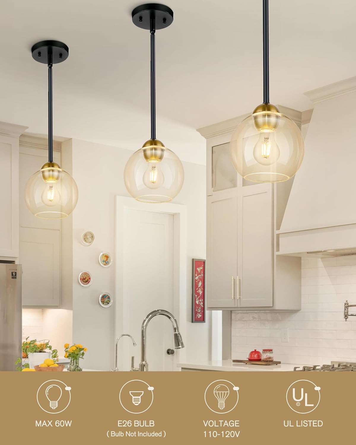 Emak 2 Pack Black and Gold Pendant Light Fixtures, Modern 7 Inch Globe Pendant Lights Kitchen Island with Clear Glass Shade, 1 Light Hanging Lights for Kitchen, Bedroom, Bathroom, PL119-BKBGD-2PK - Image 2