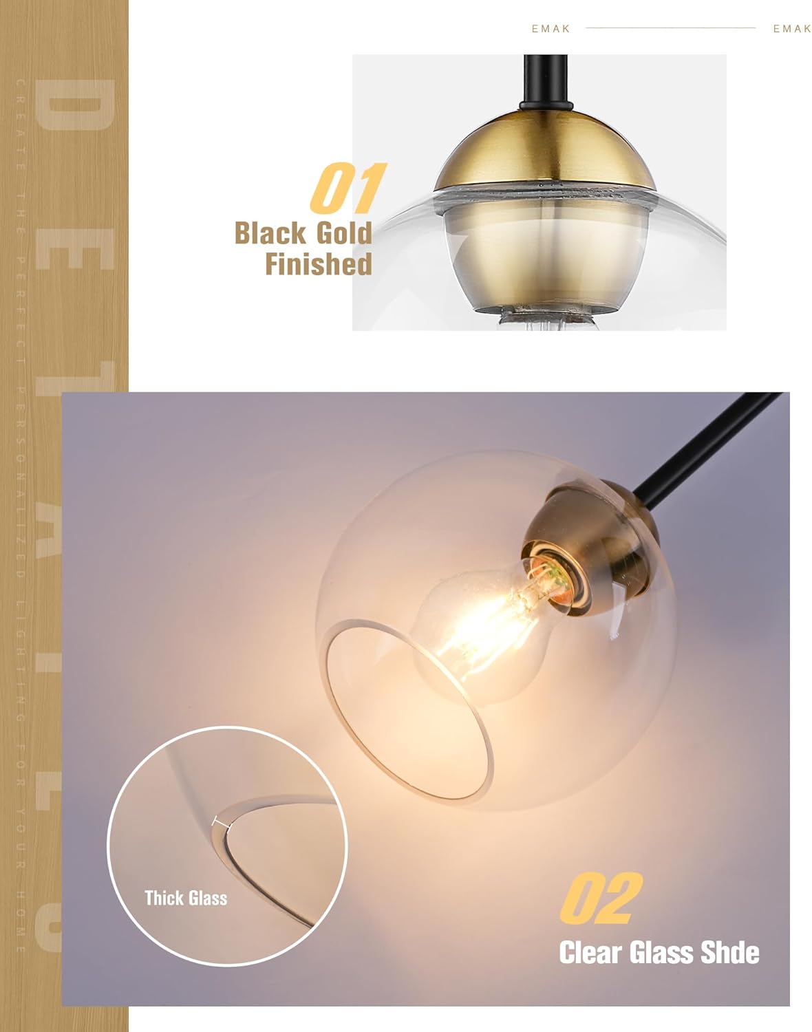 Emak 2 Pack Black and Gold Pendant Light Fixtures, Modern 7 Inch Globe Pendant Lights Kitchen Island with Clear Glass Shade, 1 Light Hanging Lights for Kitchen, Bedroom, Bathroom, PL119-BKBGD-2PK - Image 4