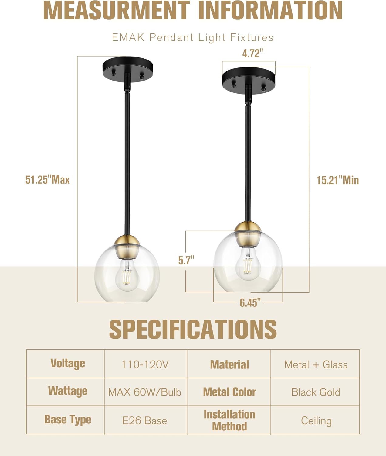 Emak 2 Pack Black and Gold Pendant Light Fixtures, Modern 7 Inch Globe Pendant Lights Kitchen Island with Clear Glass Shade, 1 Light Hanging Lights for Kitchen, Bedroom, Bathroom, PL119-BKBGD-2PK - Image 5