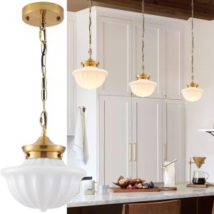 Schoolhouse Pendant Fixtures, 9″ Brass Gold Milk Glass Pendant Light, Adjustable Mid Century Ceiling Pendant Lighting for Bedroom Kitchen Living Room Hallway Dining Room