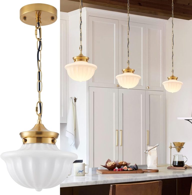 Schoolhouse Pendant Fixtures, 9″ Brass Gold Milk Glass Pendant Light, Adjustable Mid Century Ceiling Pendant Lighting for Bedroom Kitchen Living Room Hallway Dining Room
