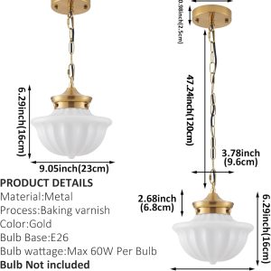Schoolhouse Pendant Fixtures, 9″ Brass Gold Milk Glass Pendant Light, Adjustable Mid Century Ceiling Pendant Lighting for Bedroom Kitchen Living Room Hallway Dining Room