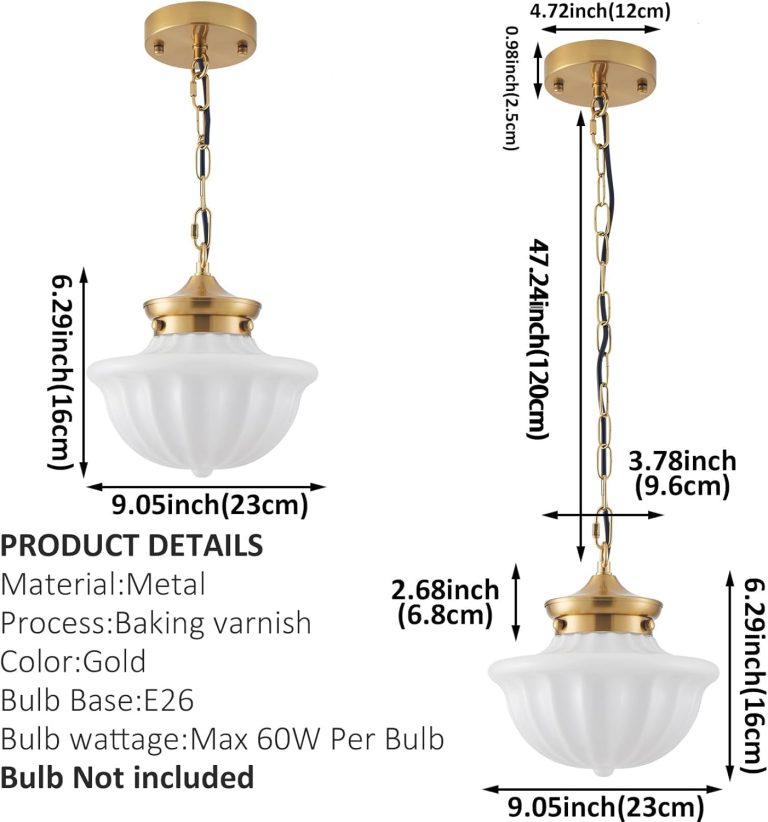 Schoolhouse Pendant Fixtures, 9″ Brass Gold Milk Glass Pendant Light, Adjustable Mid Century Ceiling Pendant Lighting for Bedroom Kitchen Living Room Hallway Dining Room