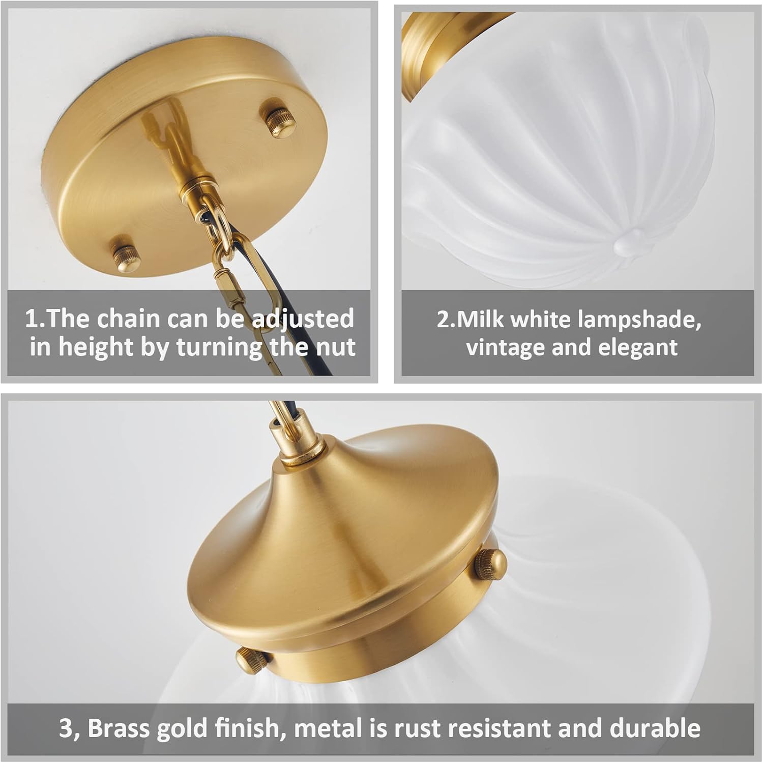 Schoolhouse Pendant Fixtures, 9" Brass Gold Milk Glass Pendant Light, Adjustable Mid Century Ceiling Pendant Lighting for Bedroom Kitchen Living Room Hallway Dining Room - Image 6