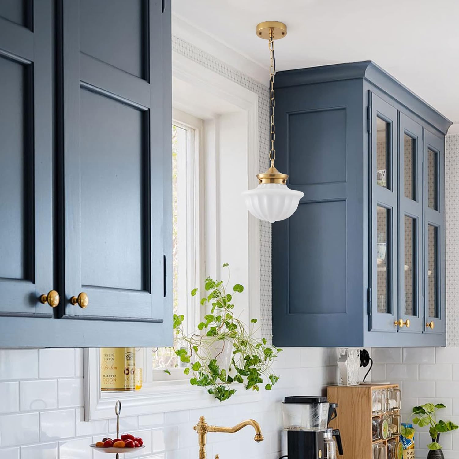 Schoolhouse Pendant Fixtures, 9" Brass Gold Milk Glass Pendant Light, Adjustable Mid Century Ceiling Pendant Lighting for Bedroom Kitchen Living Room Hallway Dining Room - Image 8