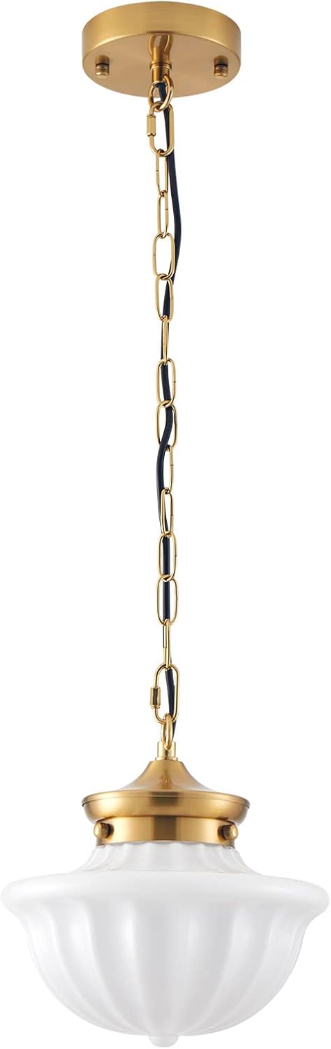 Schoolhouse Pendant Fixtures, 9" Brass Gold Milk Glass Pendant Light, Adjustable Mid Century Ceiling Pendant Lighting for Bedroom Kitchen Living Room Hallway Dining Room - Image 9