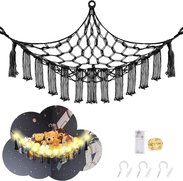 Stuffed Animal Hammock with LED Light, Toy Hammock for Stuffed Animals Storage for Kids Room Decor, Stuffed Animal Hammock Corner, Black