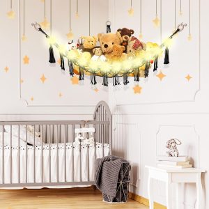 Stuffed Animal Hammock with LED Light, Toy Hammock for Stuffed Animals Storage for Kids Room Decor, Stuffed Animal Hammock Corner, Black