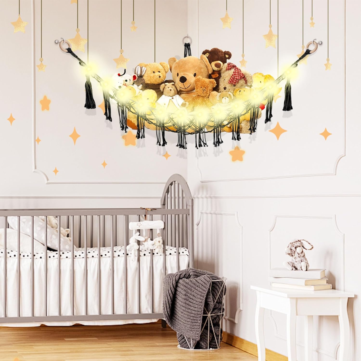 Stuffed Animal Hammock with LED Light, Toy Hammock for Stuffed Animals Storage for Kids Room Decor, Stuffed Animal Hammock Corner, Black