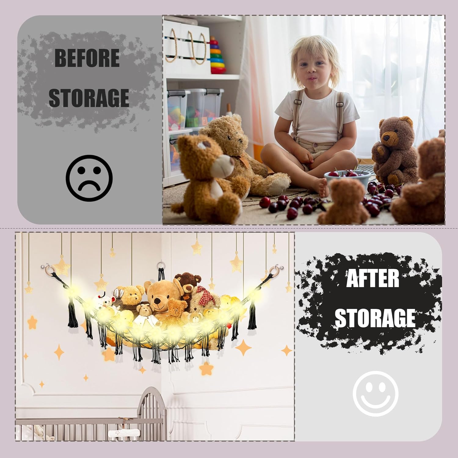 Stuffed Animal Hammock with LED Light, Toy Hammock for Stuffed Animals Storage for Kids Room Decor, Stuffed Animal Hammock Corner, Black - Image 4