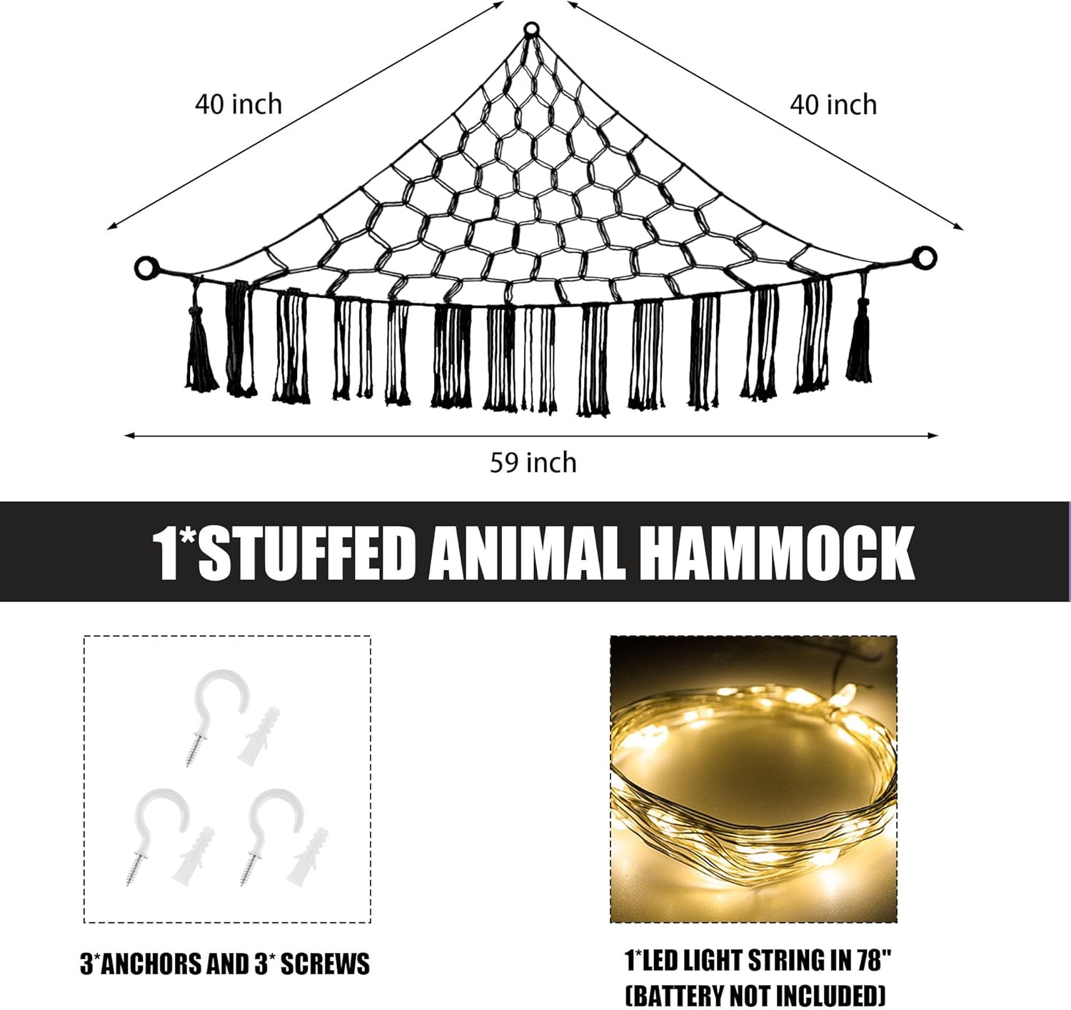 Stuffed Animal Hammock with LED Light, Toy Hammock for Stuffed Animals Storage for Kids Room Decor, Stuffed Animal Hammock Corner, Black - Image 5