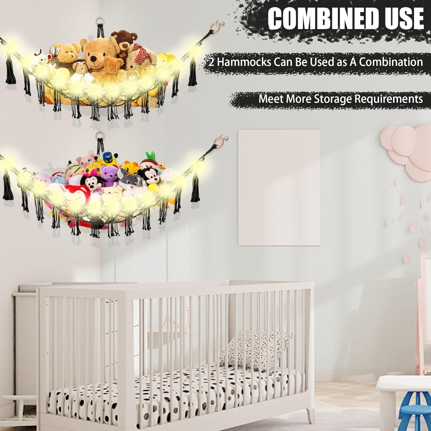 Stuffed Animal Hammock with LED Light, Toy Hammock for Stuffed Animals Storage for Kids Room Decor, Stuffed Animal Hammock Corner, Black - Image 8
