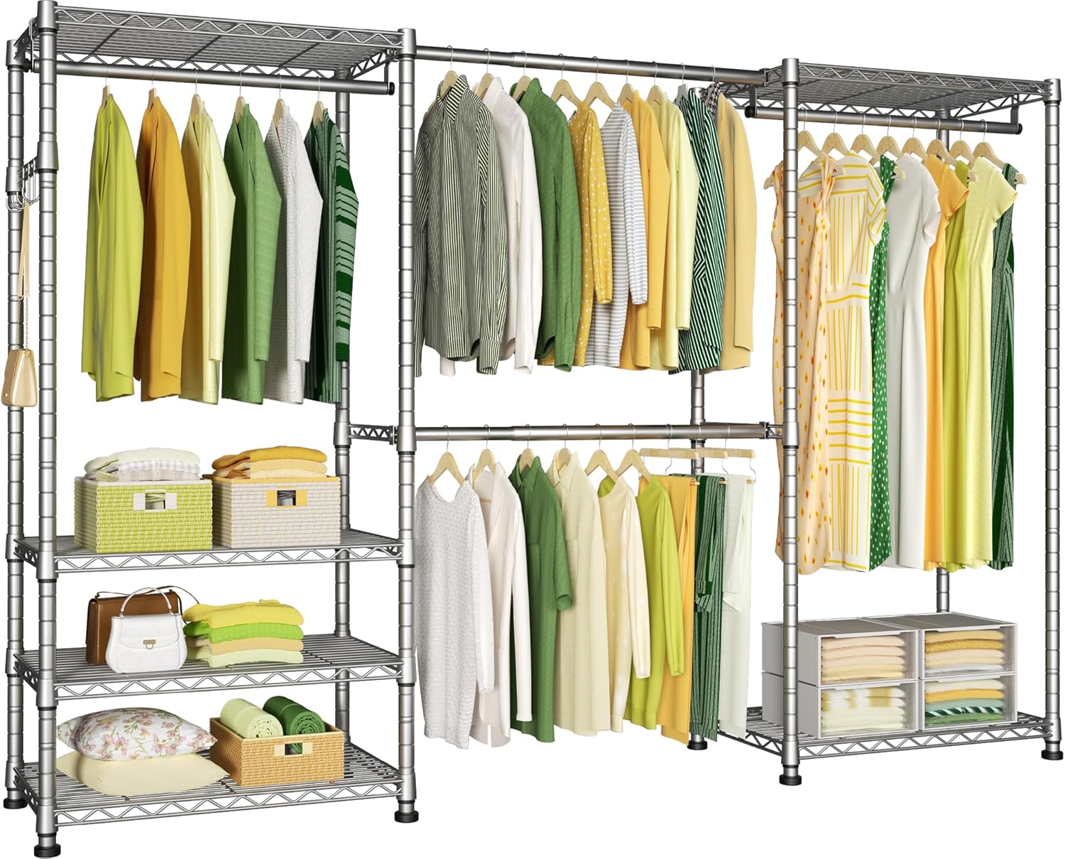 Ulif E1 Heavy Duty Closet Garment Rack, 6 Tiers Adjustable Metal Freestanding Expandable Clothing Storage with 4 Hanger Rods, Easy to Assemble Wardrobe, 71.2″ H x (69.6″ – 86.6″) L x 13.4″ D, Chrome
