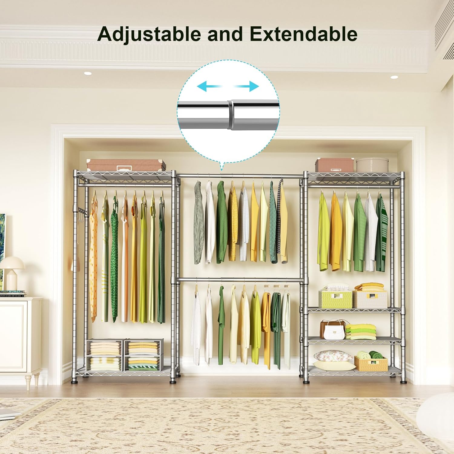 Ulif E1 Heavy Duty Closet Garment Rack, 6 Tiers Adjustable Metal Freestanding Expandable Clothing Storage with 4 Hanger Rods, Easy to Assemble Wardrobe, 71.2" H x (69.6" - 86.6") L x 13.4" D, Chrome - Image 3