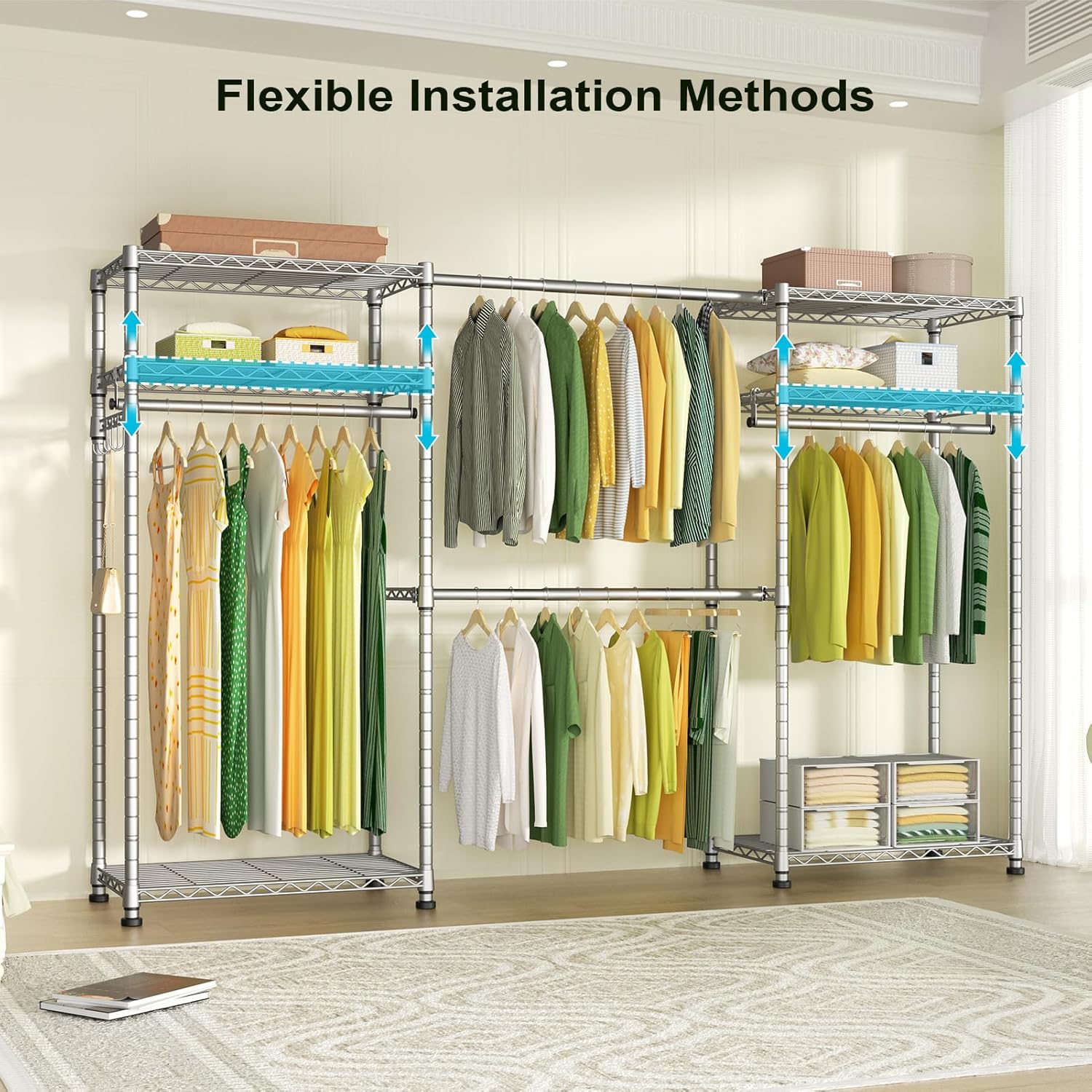 Ulif E1 Heavy Duty Closet Garment Rack, 6 Tiers Adjustable Metal Freestanding Expandable Clothing Storage with 4 Hanger Rods, Easy to Assemble Wardrobe, 71.2" H x (69.6" - 86.6") L x 13.4" D, Chrome - Image 4