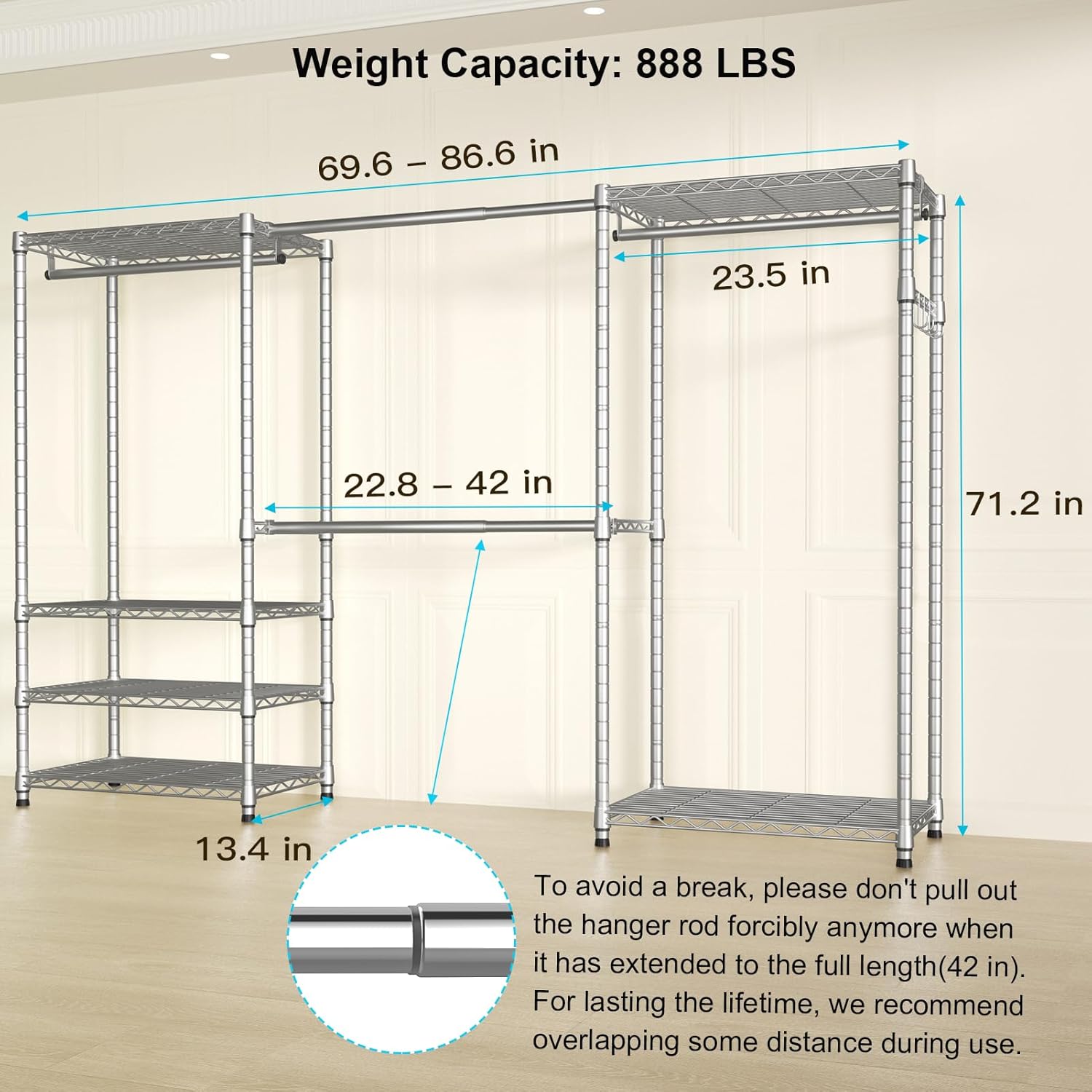 Ulif E1 Heavy Duty Closet Garment Rack, 6 Tiers Adjustable Metal Freestanding Expandable Clothing Storage with 4 Hanger Rods, Easy to Assemble Wardrobe, 71.2" H x (69.6" - 86.6") L x 13.4" D, Chrome - Image 6
