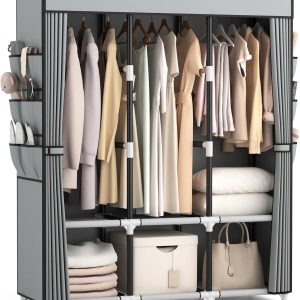 VTRIN Portable Closet, Wardrobe Closet for Hanging Clothes Closet with Cover, 3 Hanging rods, 6 Storage Shelves and Side Pockets, Diameter 19mm Metal Pipe, Free Standing Closet for Bedroom