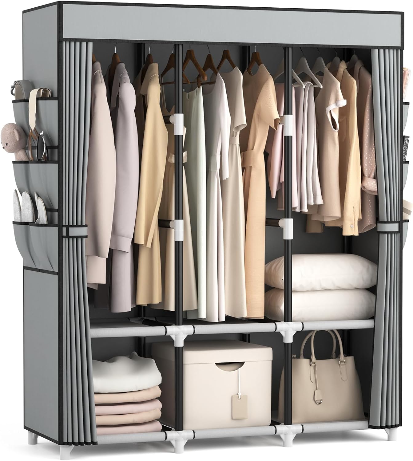 VTRIN Portable Closet, Wardrobe Closet for Hanging Clothes Closet with Cover, 3 Hanging rods, 6 Storage Shelves and Side Pockets, Diameter 19mm Metal Pipe, Free Standing Closet for Bedroom