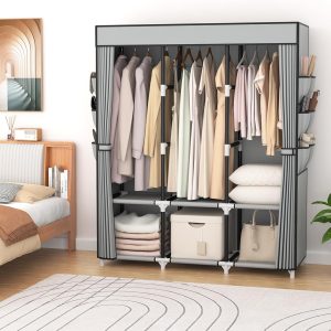 VTRIN Portable Closet, Wardrobe Closet for Hanging Clothes Closet with Cover, 3 Hanging rods, 6 Storage Shelves and Side Pockets, Diameter 19mm Metal Pipe, Free Standing Closet for Bedroom