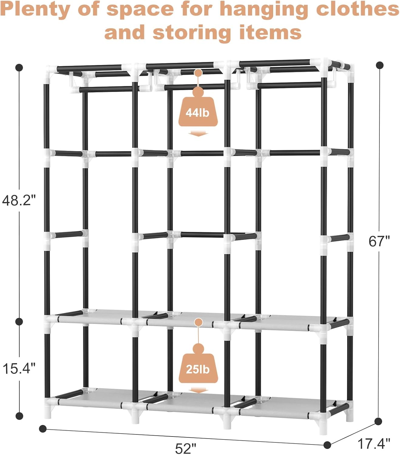 VTRIN Portable Closet, Wardrobe Closet for Hanging Clothes Closet with Cover, 3 Hanging rods, 6 Storage Shelves and Side Pockets, Diameter 19mm Metal Pipe, Free Standing Closet for Bedroom - Image 3