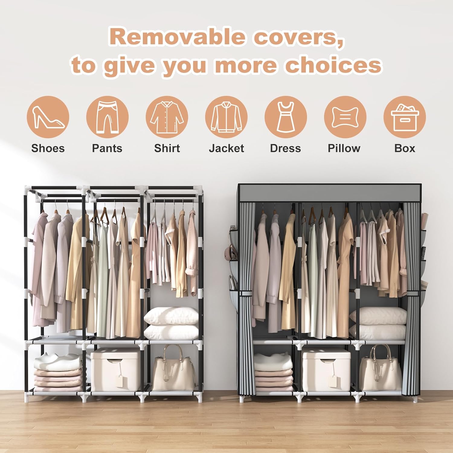 VTRIN Portable Closet, Wardrobe Closet for Hanging Clothes Closet with Cover, 3 Hanging rods, 6 Storage Shelves and Side Pockets, Diameter 19mm Metal Pipe, Free Standing Closet for Bedroom - Image 5